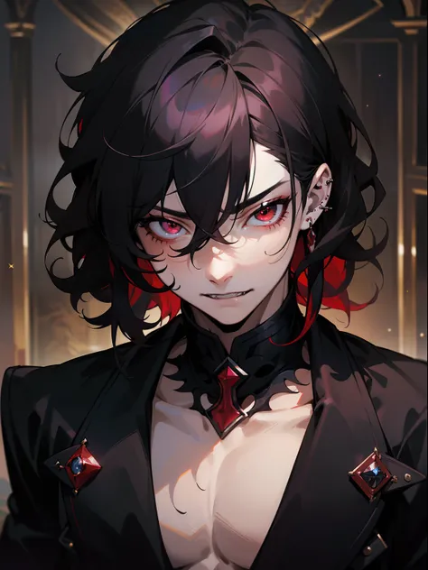 (masterpiece, best quality), intricate details, 8k, sharp focus, (best quality) (detailed skin:1.3) (intricate details) (8k) (detailed eyes) (anime) male character, wavy hair, mullet, short hair, black hair, red eyes, male, anime male, frontage, lovely boy...