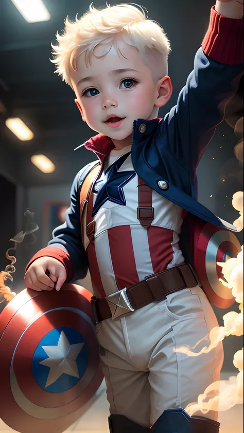 White toddler, 3-year-old, short-haired, wearing captain America costume, having fun, magic smoke, light effect.