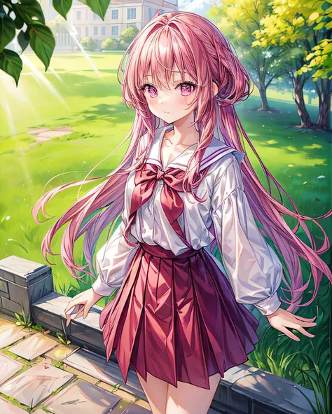 (​masterpiece、top-quality)、1girl in、Long、dark pink hair、red blush、a purple eye、shairband、school_uniform、short_sleeves、bare_legs、a park、insight、cute  face、rays of sunshine、be shy、is standing