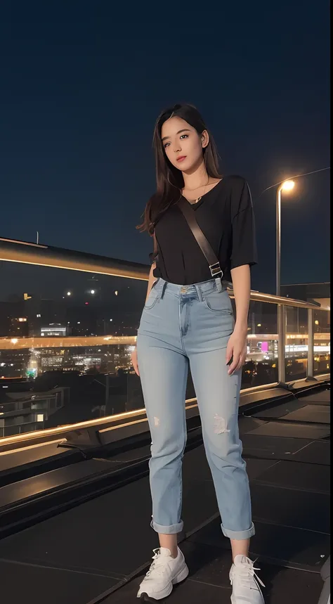 ((midynight, Need, 8k, tmasterpiece:1.3)), full bodyesbian, Long legs, Focalors:1.2, perfect figure beautiful woman:1.4, Slim abs:1.1, ((Dark brown hair, huge tit:1.2 )), (White transparent T-shirt, Denim suspenders, standing on your feet:1.2), ((city nigh...