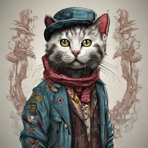 Image of a cat with hat and scarf, Trend in art stations, Vestido com roupas punk, hyper realistic detailed rendering, member of a British band, estilo urbano, pose intimidadora, planeta dos gatos, roupas da moda, samurai urbano, miau, West Slavic features...