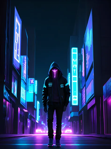 Emotional boy, hoodie, glowingbody, block hoodie, sci fi city, neon lights, cinematic, 4k