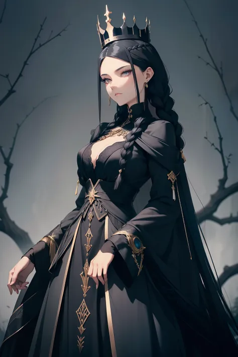 Black Dragon Princess，British dark blue long group，Silk white gloves，Slightly curved long black hair，Dress conservatively，Crown of black thorns，Twist braids，Mature and steady，Complicated clothes，Large area of gold pattern，Silver crown，Elegant，cabelos preto...