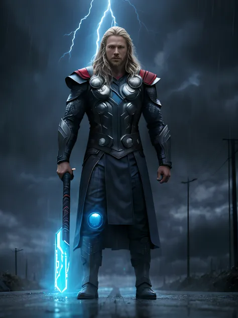 Thor odinson with his hammer, sci fi city, blue glow around him, blue armor, glowing eyes, thunderstorm in background, rain drops, reflection on road