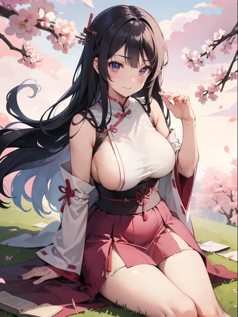 sword, Japanese sword in hand, black long hair , chubby curvy body, medium-large breast, purple eyes, pink sky, grass field background, flowers, Sakura trees, Chinese dress, no sleeves,torn dress, ripped dress in a fight, sitting, panty shot, visible panty...