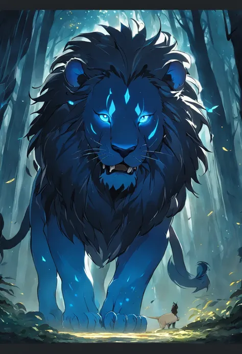 "Enchanting black blue lion with glowing spears, surrounded by a mystical forest, shadows cast an aura of darkness, creating a striking contrast. A swarm of radiant butterflies gracefully dance around the majestic lion."