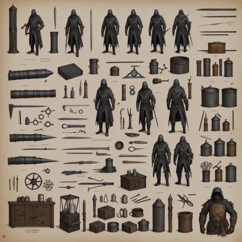 Candlemaker , bits of color, Sketch, hand drawn, dark, gritty, realistic sketch, Rough sketch, mix of bold dark lines and loose lines, bold lines, on paper, character sheet, Candlemaker, Full body covered in metal, slik, sci-fi, ghostly theme, (((items and...