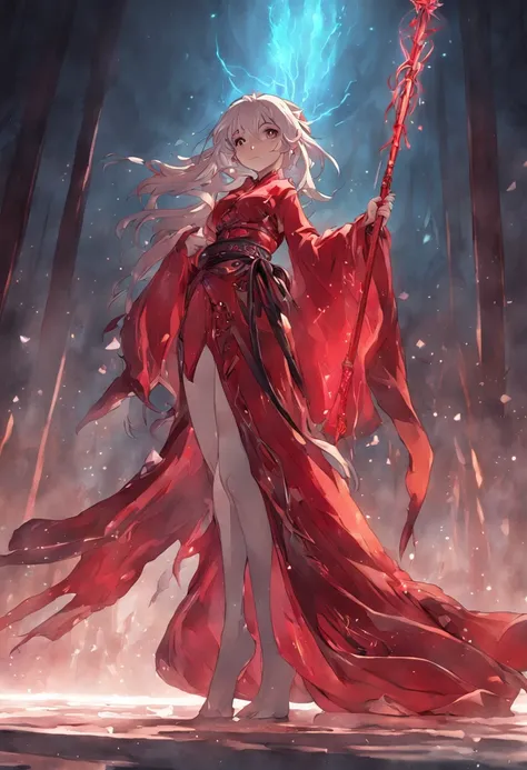 (((workshop))), hiquality, ultra- detailed, Exceptionally beautiful, Sorceress in a red robe, Lots of postures, Front & Rear Detail, Long crystal staff