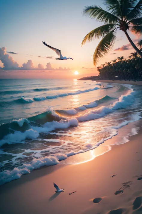 An absolutely mesmerizing sunset over the beach, com uma mistura de laranjas, Roses and yellows filling the sky. The crystal clear waters of the sea gently kiss the coast, com uma praia de areia branca que se estende por toda parte. The scene is dynamic an...