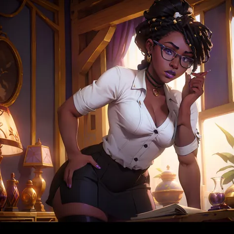 "A stunning African woman with a white formal shirt, a short mini skirt, and a captivating display of cleavage. She wears reading glasses and has a stylish purple braided Afro hairstyle. Completing her look, she holds a lollipop."