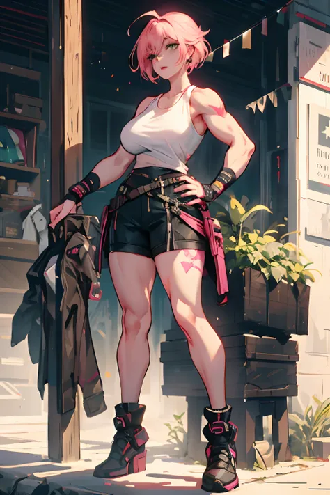 a woman in a Black pants and boots standing on a sidewalk, muscular! cyberpunk, full body portrait of a short!, lois van baarle and rossdraws, rossdraws 1. 0, cushart krenz key art feminine, :: rossdraws, cyberpunk 2077 rossdraws, artwork in the style of g...