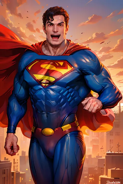 (obra-prima, melhor qualidade: 1.2), solo, foco masculino, superman, macho musculoso, sorriso, olhando para o espectador, Flight position, supermansuit, bodysuit azul, capa