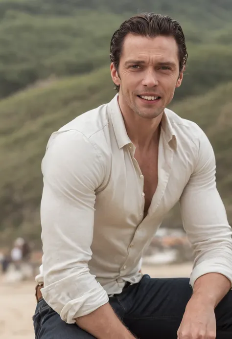 Realistic, wide angle, Realisim, homem negro em uma praia, Henrique Cavill, Tom Hiddleston, em fio dental branco, not shirt, pelos no peito, Sem camisa