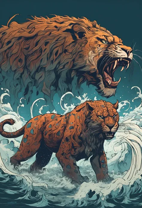 Describe the illustration of the beast of the apocalypse emerging from the sea, with ten heads, dez chifres, com patas de urso, leopard body and lions mouth.