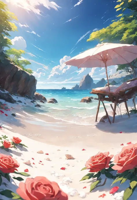 delicate scene,depth of field, 8K, The ivory sky,white clouds,and sunlight shine on the snow-white beach. The coral sea,and many colorful tinny shells on the beach,red roses, roses focus,