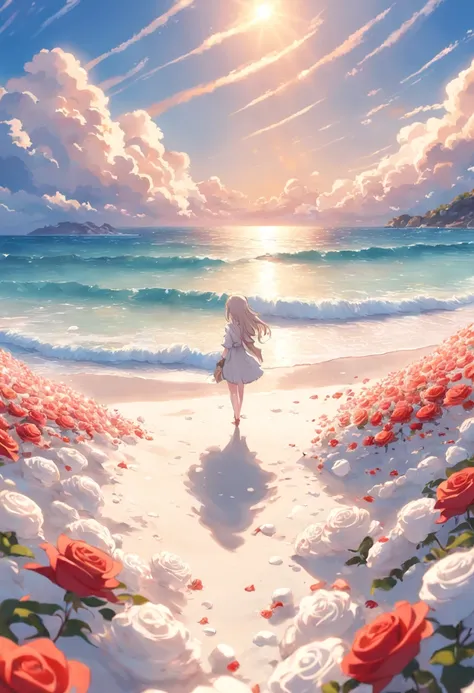 delicate scene,depth of field, 8K, The ivory sky,white clouds,and sunlight shine on the snow-white beach. The coral sea,and many colorful tinny shells on the beach,red roses, roses focus,