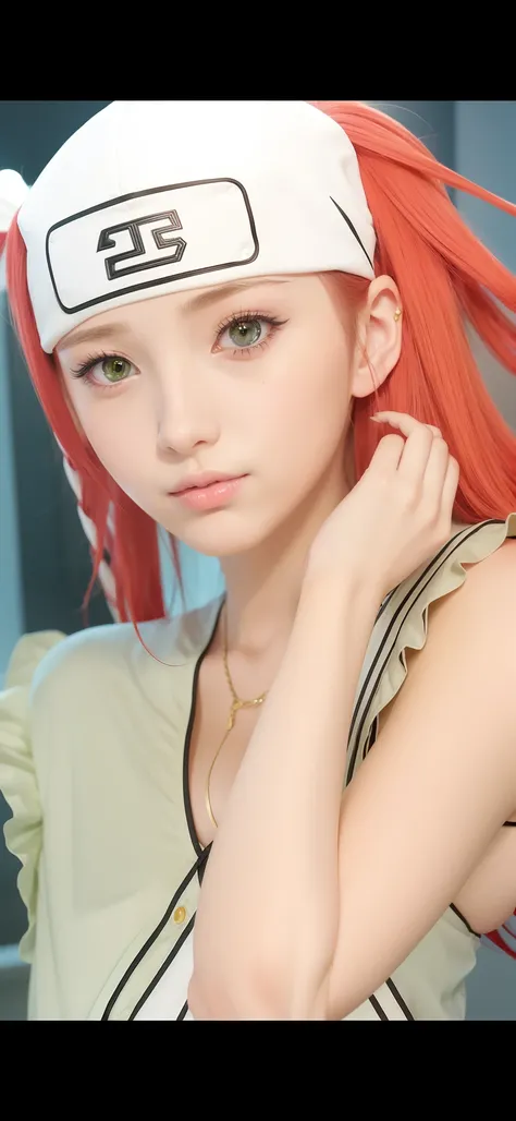 1girl, girl in anime naruto, long hair, sexy dress, red hair, yellow eyes, smile, beautiful, white and green clothes, very big breast, sexy clothes, realistic clothes, detail clothes, indoor background, ultra detail, realistic