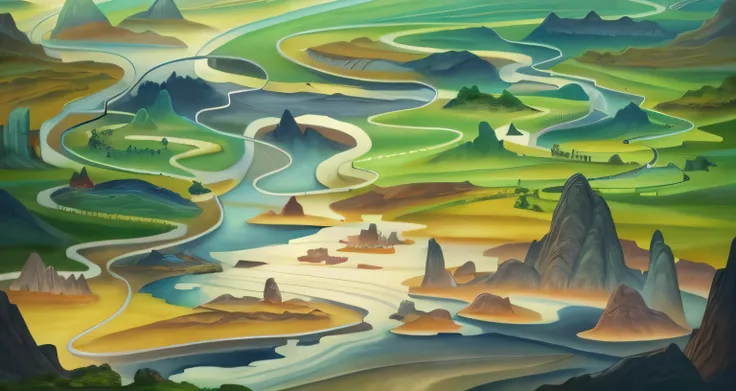 There is a painting of a river running through a valley, game map matte painting, Winding rivers, river delta, avatar landscape, Fractal landscape, Vast landscape, Mountains and rivers, flowing hills, Detailed landscape, Big cave, twisted waterway, sinkhol...