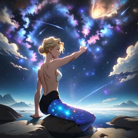 A little blonde woman sitting in mirrored water doing yoga poses，Has bioluminescence, face towards the sky, Reveal her back, sparkling hair, Wear celestial drapery, on  back, Look at beautiful surreal planets in the vastness of space, luminous, Surrounded ...