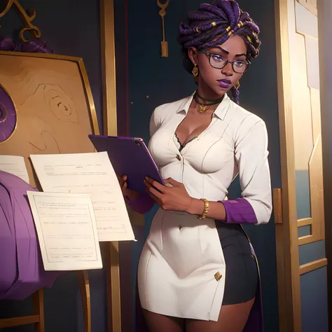 "A stunning African woman with a white formal shirt, a short mini skirt, and a captivating display of cleavage. She wears reading glasses and has a stylish purple braided Afro hairstyle. Completing her look, she holds a ipad."