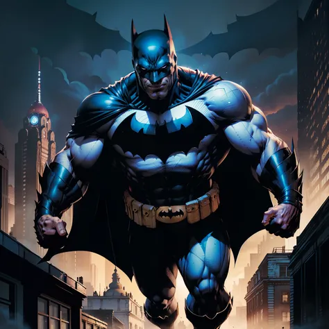 (obra-prima, melhor qualidade: 1.2), solo, foco masculino, batman, macho musculoso, sorriso, olhando para o espectador, sobrevoando, batmansuit, bodysuit cinza, capa preto