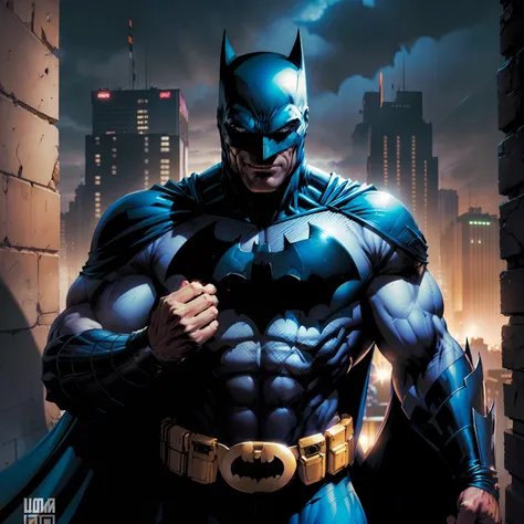 (obra-prima, melhor qualidade: 1.2), solo, foco masculino, batman, macho musculoso, sorriso, olhando para o espectador, sobrevoando, batmansuit, bodysuit cinza, capa preto