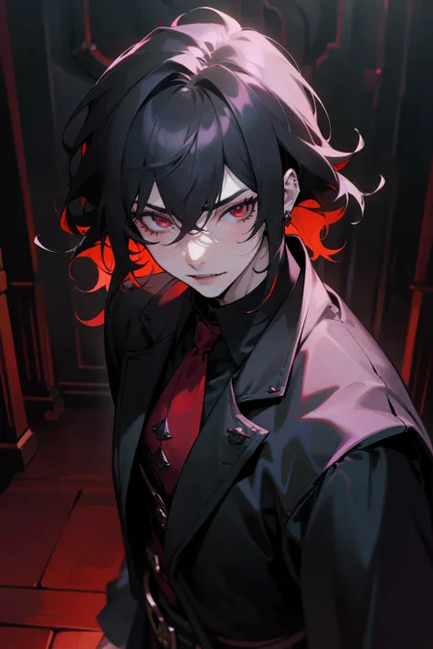 (masterpiece, best quality), intricate details, 8k, sharp focus, (best quality) (detailed skin:1.3) (intricate details) (8k) (detailed eyes) (anime) male character, wavy hair, mullet, short hair, black hair, red eyes, male, anime male, frontage, lovely boy...