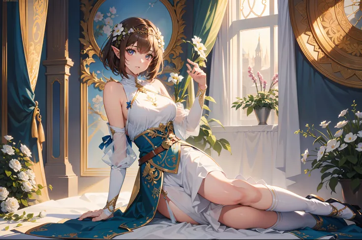 Official Art, Masterpiece European female face,elvish, short hair, lightbrown hair , brown eyes , Flower Frame ,Decorative panel , jugendstil , (​masterpiece、top-quality、hight resolution: 1.4),in 8K, Drawing of a woman with short lightbrown hair, Anime Art...