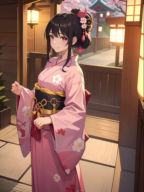 1girl in、A smile、A delightful!　Taisho period in Japan、Pink kimono、Hakama、（small tits）