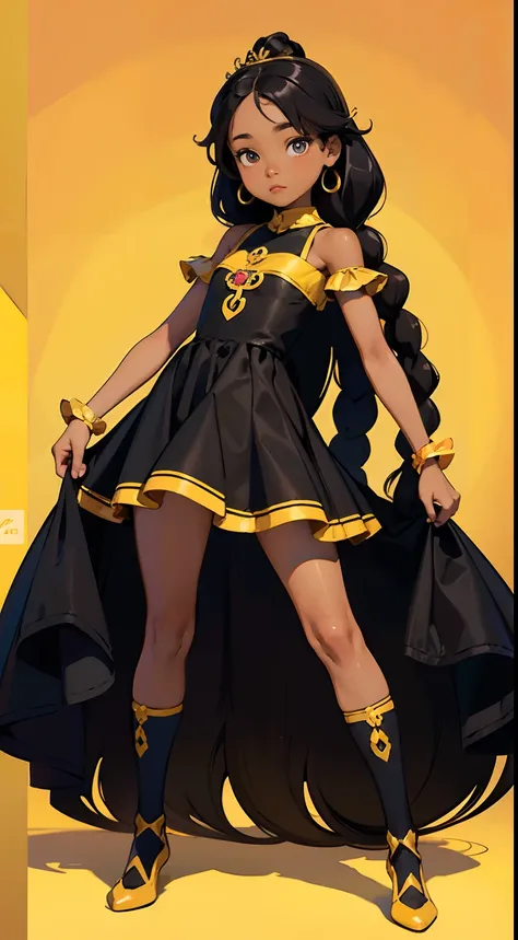 detailed cartoon, black young princess sisters with hair braids and almond shaped eyes, dark brown skin, full body wearing yellow princess dress, cartoon character, 8k, high quality, high resolution, 4k, hd,(well designed body), amazing body, (super detail...