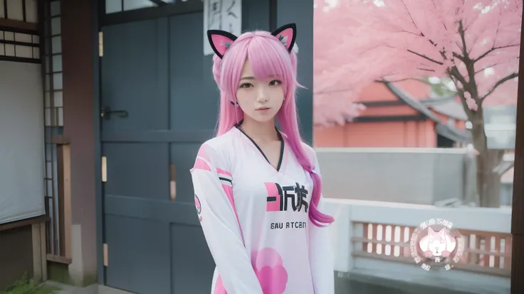 1girl, with pink hair, cat ears, tradisional japan shirt, realistic,