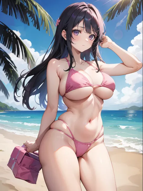 Pink bikini, visible crotch, sunlight, black long hair, purple eyes, chubby curvy body, medium-large breast ,wide legs, visible crotch,(( open legs)), hands outside of frame ,beach background, pink sky, bikini with patterns,