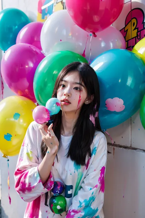 Throwing balloons stained with paint,A lot of balloons break、Paint flying out of a broken balloon、Splattering colorful paint、Hair stained with paint、A lot of clothes that get dirty with paint、Garment Rack、Balloons that hit the wall and break、Colorful paint...