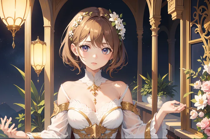 Official Art, Masterpiece European female face,elvish, short hair, lightbrown hair , brown eyes , Flower Frame ,Decorative panel , jugendstil , (​masterpiece、top-quality、hight resolution: 1.4),in 8K, Drawing of a woman with short lightbrown hair, Anime Art...