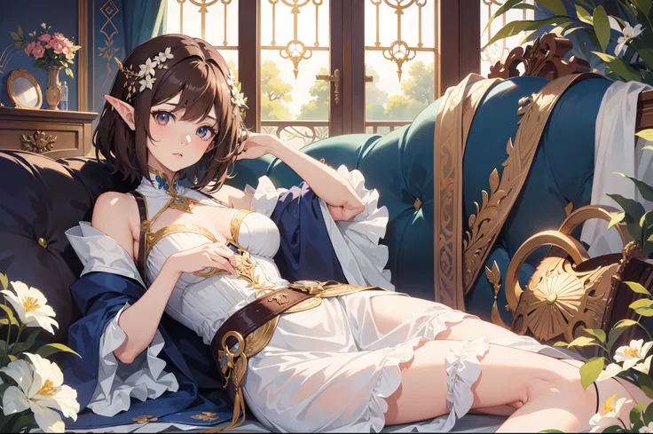 Official Art, Masterpiece European female face,elvish, short hair, lightbrown hair , brown eyes , Flower Frame ,Decorative panel , jugendstil , (​masterpiece、top-quality、hight resolution: 1.4),in 8K, Drawing of a woman with short lightbrown hair, Anime Art...