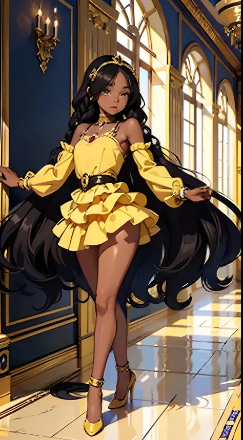 detailed cartoon, black young princess sisters with hair braids and almond shaped eyes, dark brown skin, full body wearing yellow princess dress, cartoon character, 8k, high quality, high resolution, 4k, hd,(well designed body), amazing body, (super detail...