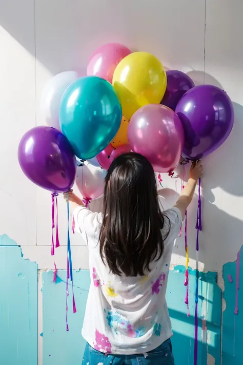 Throwing balloons stained with paint,A lot of balloons break、Paint flying out of a broken balloon、Splattering colorful paint、Hair stained with paint、A lot of clothes that get dirty with paint、Garment Rack、Balloons that hit the wall and break、Colorful paint...