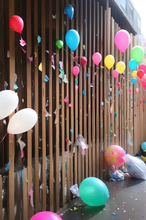 Throwing balloons stained with paint,A lot of balloons break、Paint flying out of a broken balloon、Splattering colorful paint、Hair stained with paint、A lot of clothes that get dirty with paint、clothing rack、Balloons that hit the wall and break、Colorful pain...