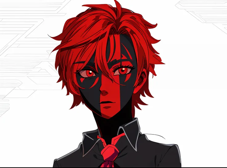 Anime characters with red hair and black eyes wearing a red tie, , ((Red)) baggy eyes, fully red eyes，Black pupils, Red face, Red-faced,, vector shaded anime, anime shading), made with anime painter studio, full size persona, highley detailled face，2D flat...