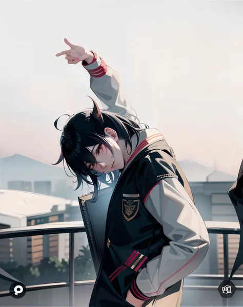 anime - style image of a man in a jacket pointing at something, anime style mixed with fujifilm, handsome anime pose, anime style 4 k, anime style only, badass anime 8 k, handsome japanese demon boy, epic anime style, anime pose, anime style, anime styled,...