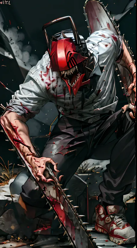 tmasterpiece, beste-Qualit, hight resolution, Monster Boy, DJB, sharp teeth, chainsaw, blood on the clothes, Blood on Weapon, shirt with collar, black pant, tongue sticking out,Rage