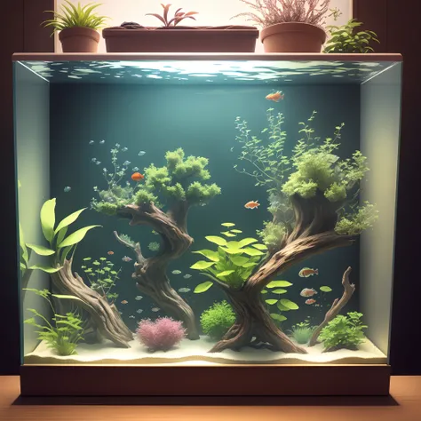 Design a rectangular paludarium tank 2.7 metros de largo, 1.2 metros de altura, 30cm ancho, Use of dried plants and semi-terrestrial aquatic plants for decoration, Dirigir las plantas secas en ambos lados hacia el medio, uso de cocoteros sudamericanos , Pl...