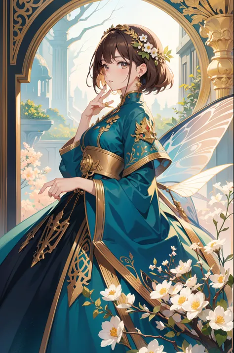 Official Art, Masterpiece European female face,elvish, short hair, lightbrown hair , brown eyes , Flower Frame ,Decorative panel , jugendstil , (​masterpiece、top-quality、hight resolution: 1.4),in 8K, Drawing of a woman with short lightbrown hair, Anime Art...