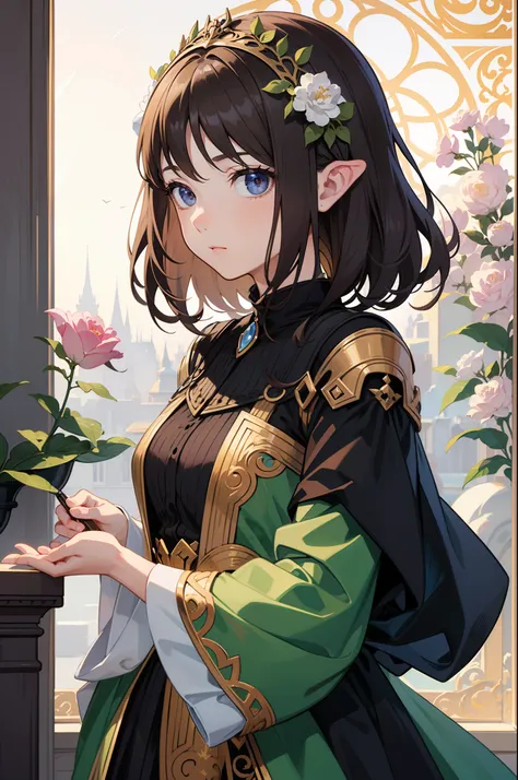 Official Art, Masterpiece European female face,elvish, short hair, lightbrown hair , brown eyes , Flower Frame ,Decorative panel , jugendstil , (​masterpiece、top-quality、hight resolution: 1.4),in 8K, Drawing of a woman with short lightbrown hair, Anime Art...