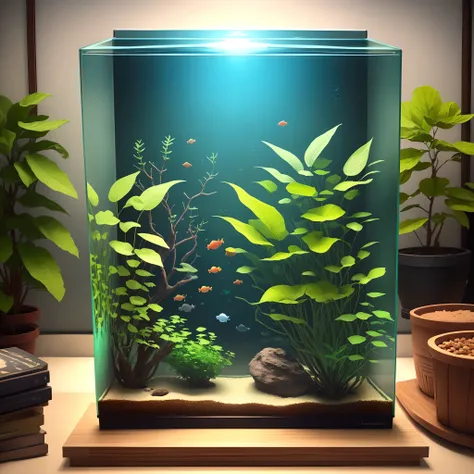 Design a rectangular paludarium tank 2.7 metros de largo, 1.2 metros de altura, 30cm ancho, Use of dried plants and semi-terrestrial aquatic plants for decoration, Dirigir las plantas secas en ambos lados hacia el medio, uso de cocoteros sudamericanos , Pl...