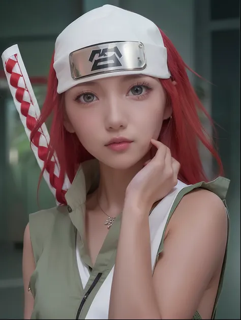 1girl, karui in anime naruto, long hair, sexy dress, red hair, yellow eyes, smile, beautiful, white and green clothes, very big breast, sexy clothes, realistic clothes, detail clothes, indoor background, ultra detail, realistic