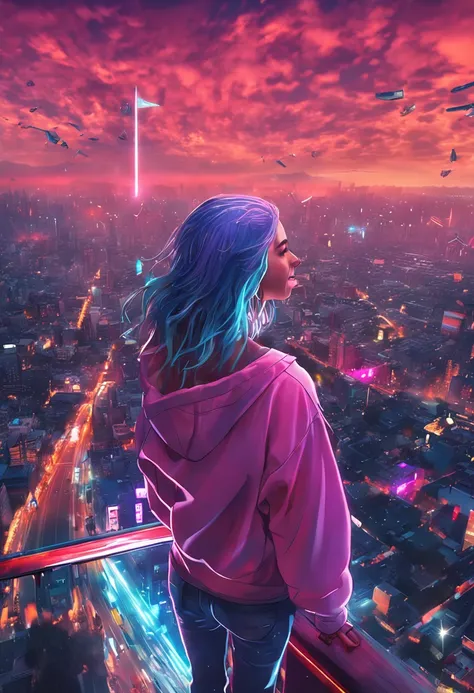 "Image Quality: 8K (Best Quality Scale: 1.2), Artistic Style: Realistic, Photorealistic Factor: 1.37, Clarity: Ultra High Definition, Subject:1girl flying above stunning cityscape ,hoodie,blue hair, neon color shooting stars, very long hair, off shoulder, ...