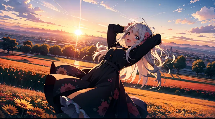 A joyous anime girl in the middle of a very big flower field, jumping with her hands above her head while watching the sun go down over the horizon. Her back is towards the camera. She is looking at sunset. Its evening due to which the upper sky is bluish....