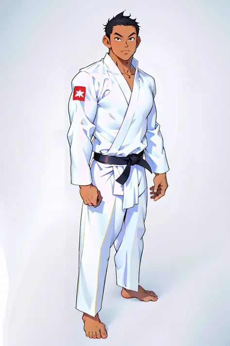 anime style, southeast Asian, Khmer man, Cambodian, full body from head to toe, random wrestling pose, dark tanned skin, short hairstyle, I want the picture to be complete and accurate, (all white background), wearing a white gi, black belt, white red, whi...