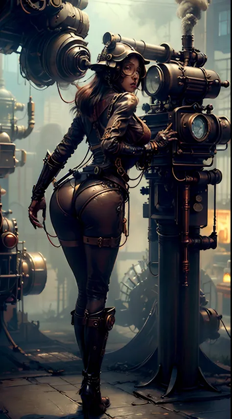 Theres a sexzy african woman with a steam-powered dusky skin, with big boobs,Royal look,helmet, arte conceitual steampunk, sexzy full body view, flying,Wojtek FUS, arte digital steampunk, detailed wild steampunk illustration, Portrait of a gold and copper ...